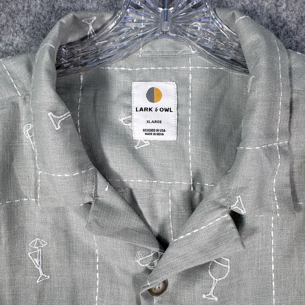 Lark & Owl Camp Shirt Mens XL Green Short Sleeve Drinks Motif Embroidered - Picture 3 of 8